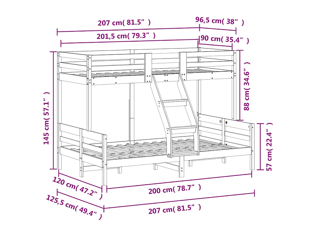 Letto a Castello 90x200/120x200 cm Marrone Cera Massello Pino