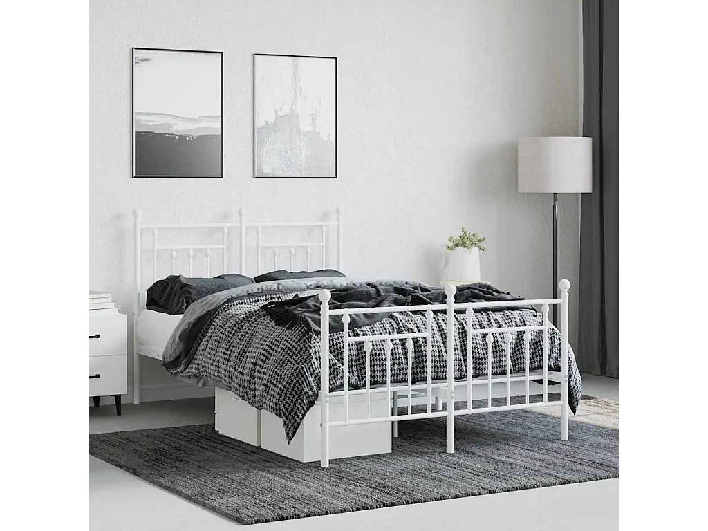 Cadre de lit métal sans matelas et pied de lit blanc 120x190 cm