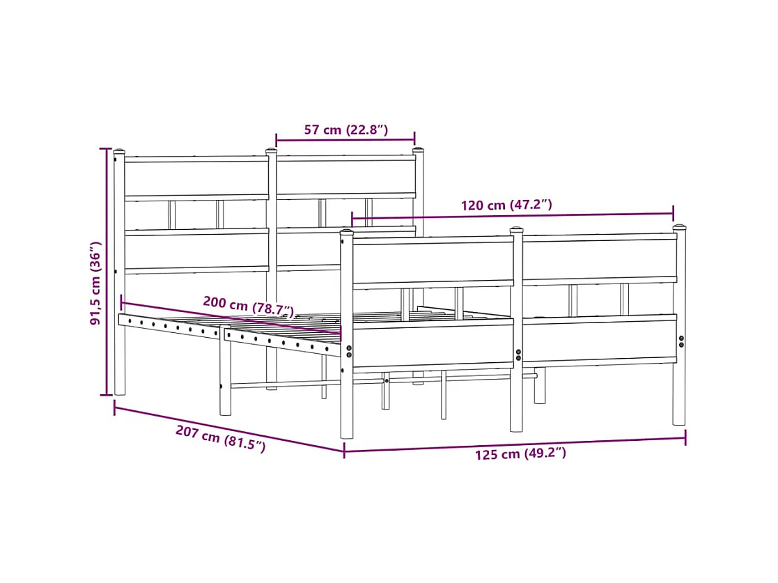 Cadre de lit en métal sans matelas chêne fumé 120x200 cm