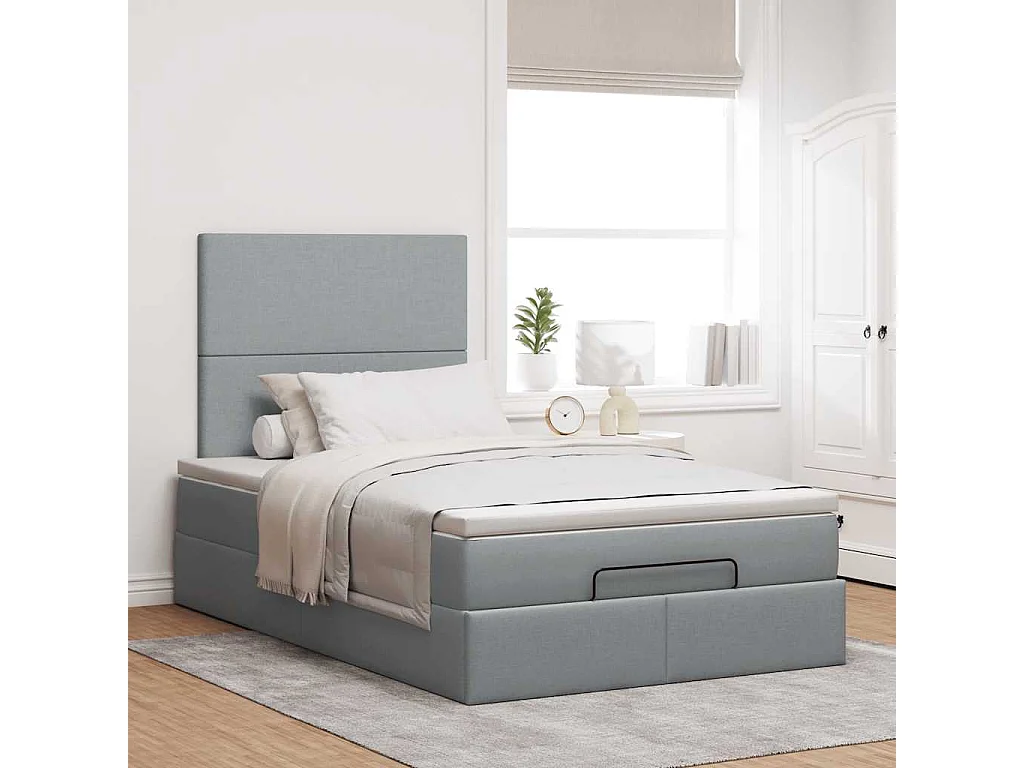 Ottoman-Bett mit Matratze & LEDs Hellgrau 120x200 cm Stoff