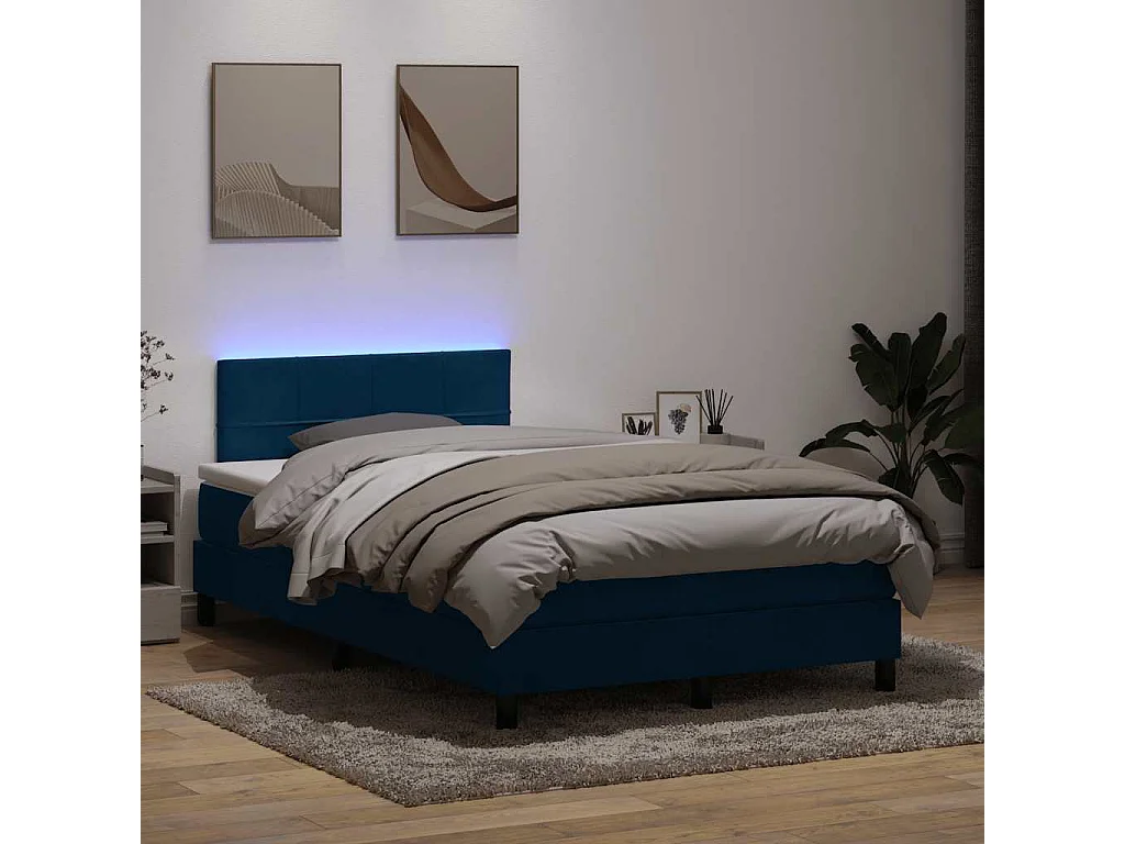 Sommier à lattes de lit et matelas et LED bleu foncé 120x210cm velours