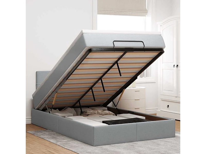 Ottoman-Bett mit Matratze & LEDs Hellgrau 120x190 cm Stoff