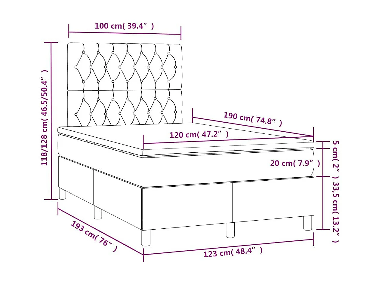 Sommier à lattes de lit avec matelas LED bleu foncé 120x190 cm