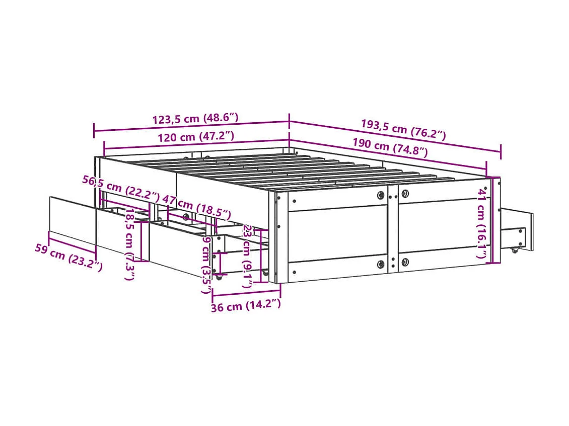 Massivholzbett ohne Matratze mit Schubladen 120x190 cm