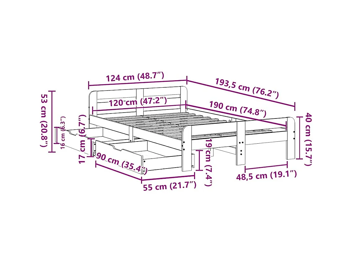 Letto senza Materasso Bianco 120x190 cm Legno Massello di Pino
