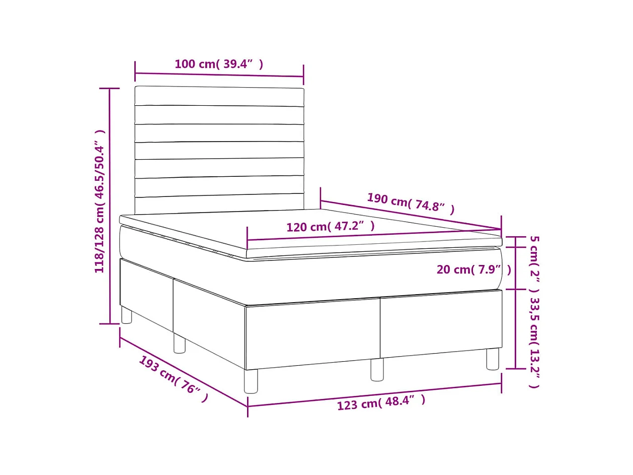 Sommier à lattes de lit matelas et LED taupe 120x190 cm tissu