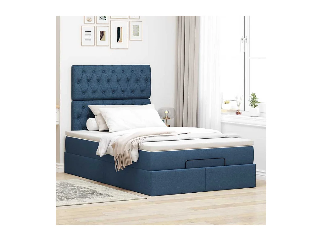 Cadre de lit ottoman avec matelas bleu 120x200 cm tissu