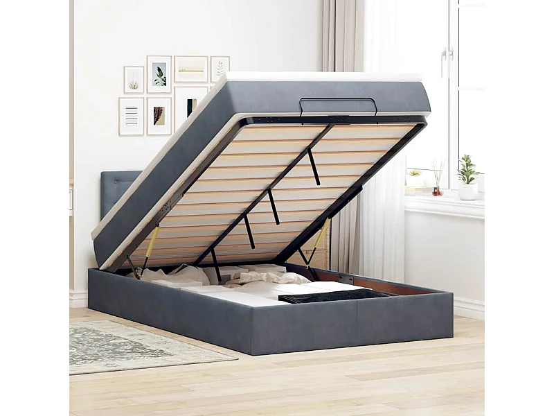 Estructura cama otomana colchón terciopelo gris oscuro