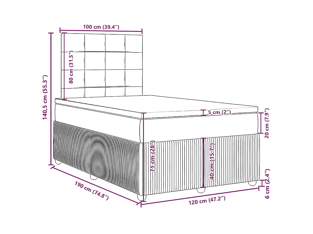 Cama box spring con colchón tela negro 120x190 cm