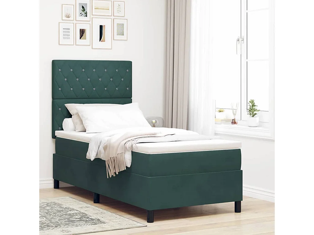 Lit à ressorts avec matelas Vert foncé 100 x 200 cm Velours