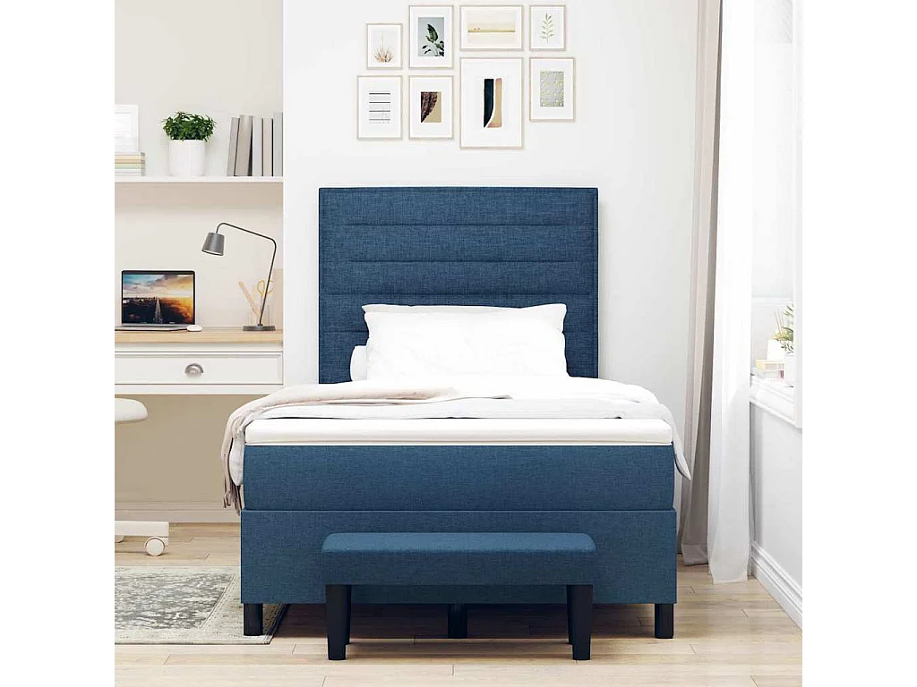 Cama Box com colchão com cabeceira Azul 120 x 200 cm tecido