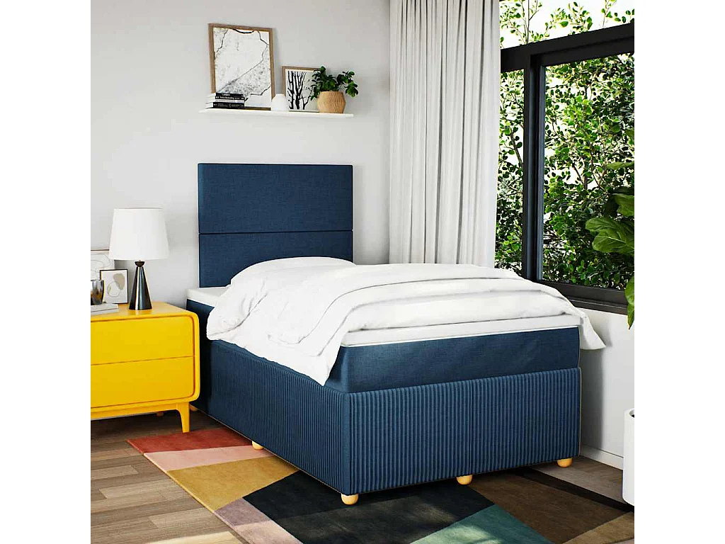 Cama box spring con colchón tela azul 120x190 cm