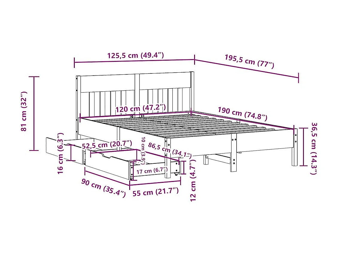 Letto senza Materasso Marrone Cera 120x190 cm in Legno di Pino