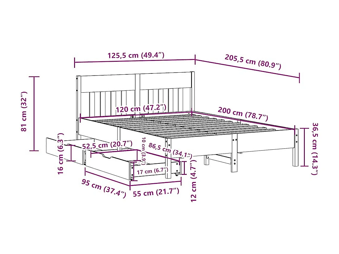 Cadre de lit sans matelas cire marron 120x200cm bois pin massif