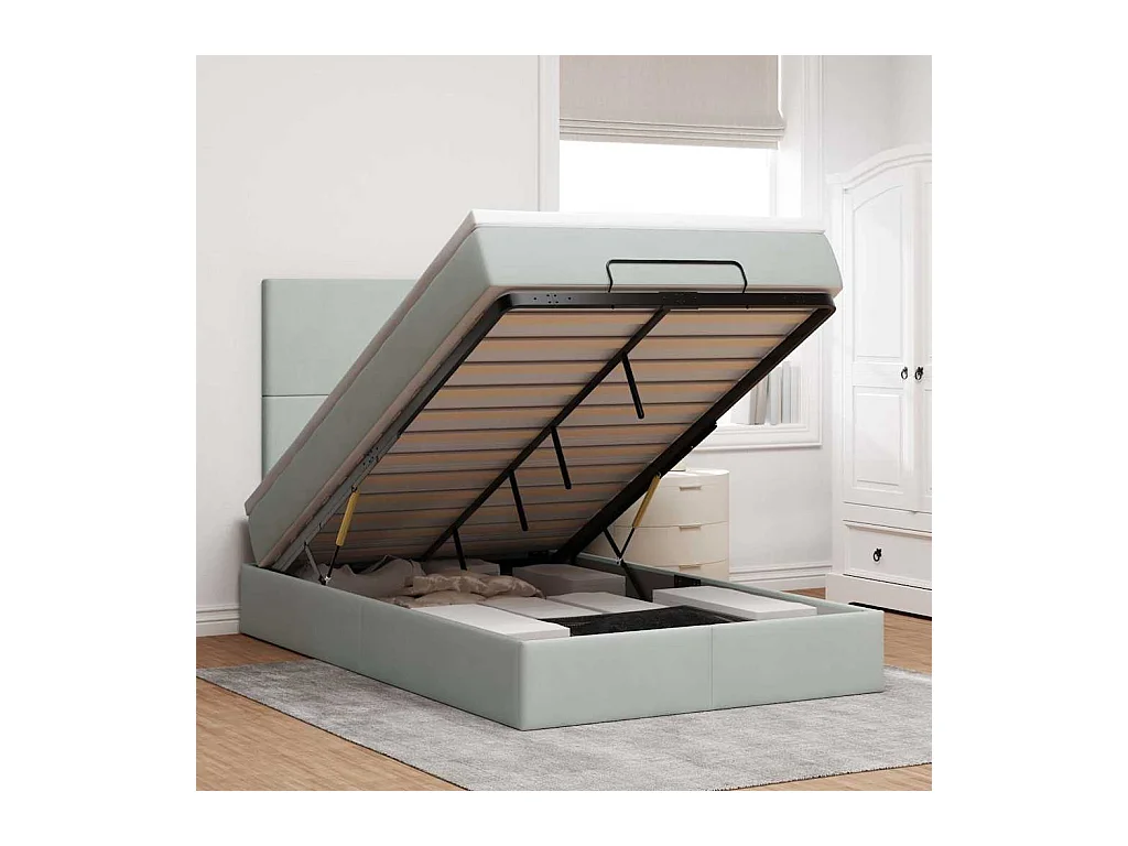 Ottoman-Bett mit Matratzen & LEDs Hellgrau 120x190 cm Samt