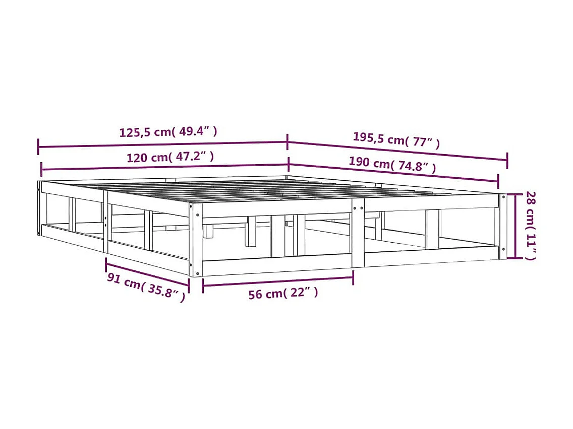 Bedframe massief hout zwart 120x190 cm