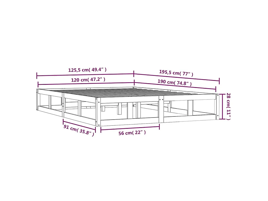 Cadre de lit sans matelas noir 120x190 cm bois massif