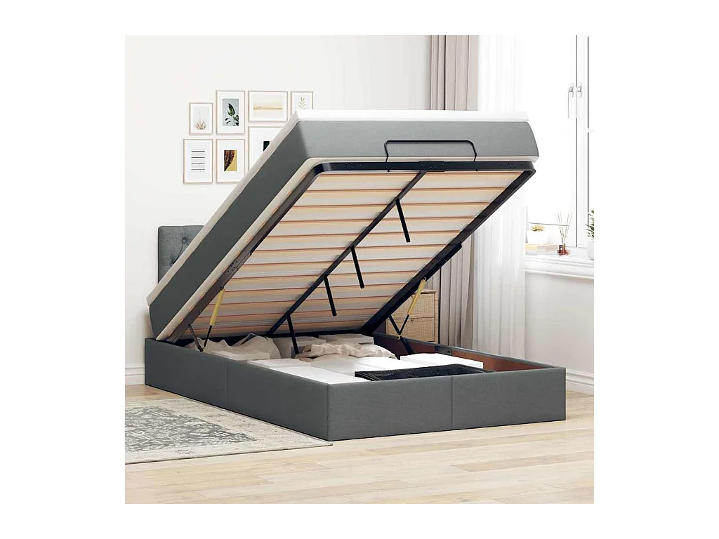 Lit ottoman avec matelas gris foncé 120x200 cm tissu