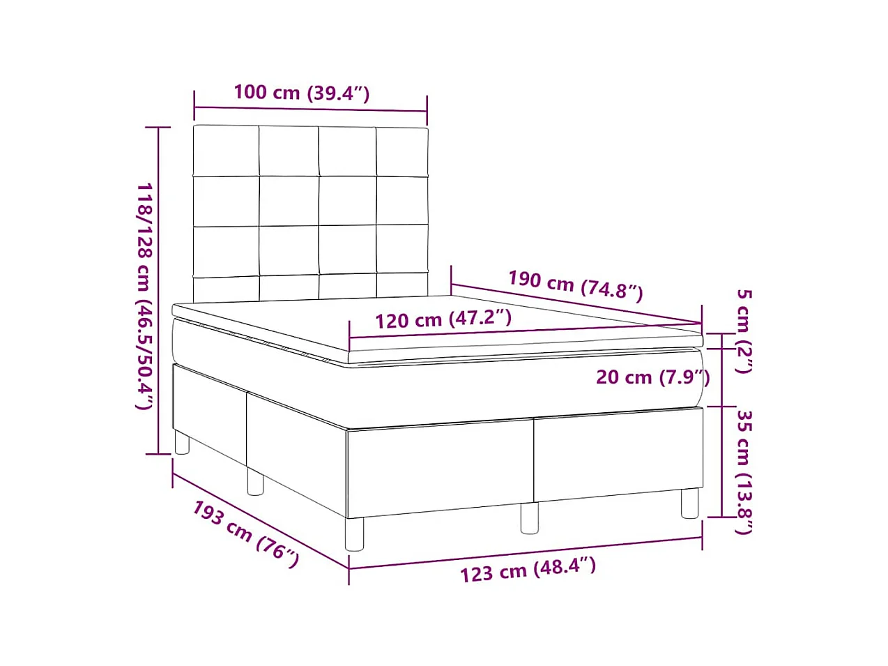 Sommier à lattes de lit matelas et LED bleu 120x190 cm tissu