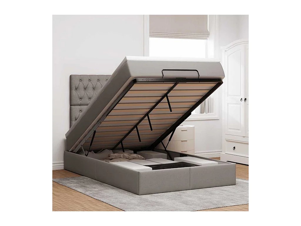 Cadre de lit ottoman avec matelas taupe 120x190 cm tissu