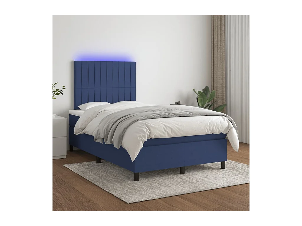 Sommier à lattes de lit matelas et LED bleu 120x190 cm tissu