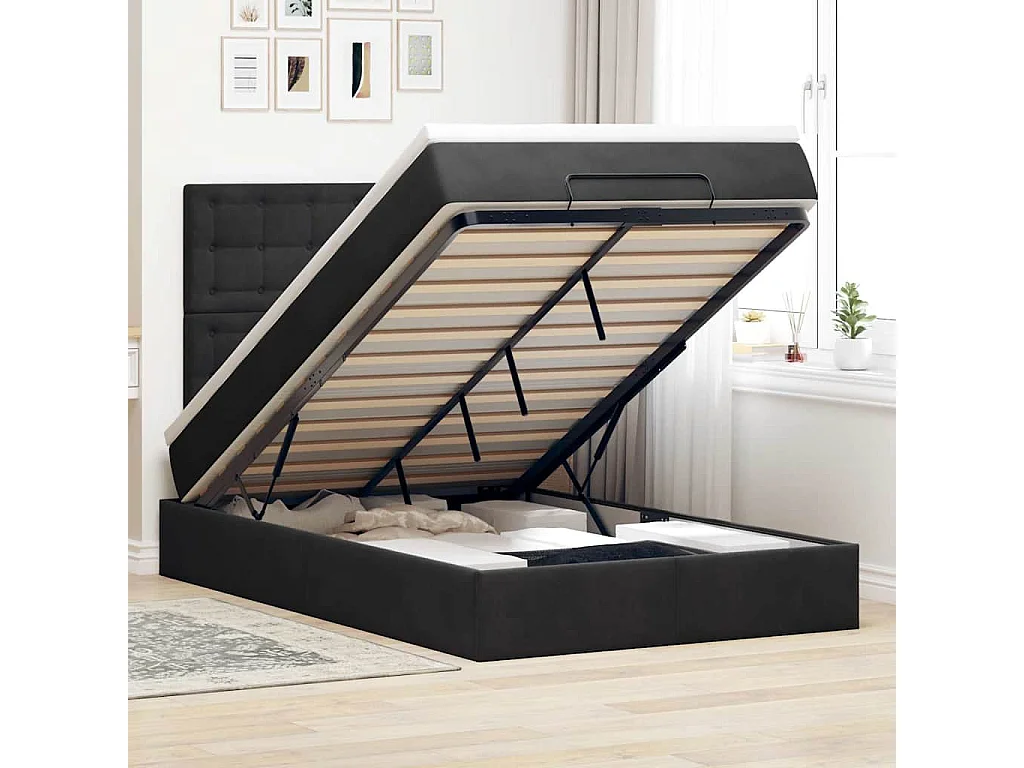 Struttura Letto Pouf con Materassi Nero 120x190 cm Velluto
