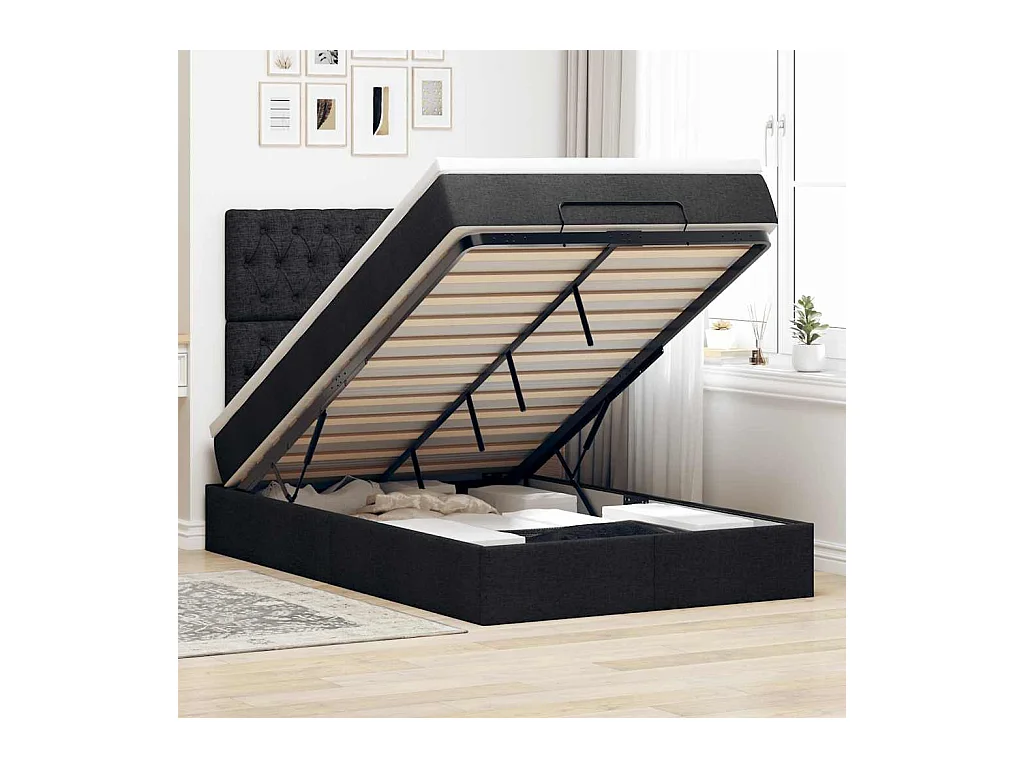 Estrutura de cama otomana com colchão preto 120x190 cm tecido