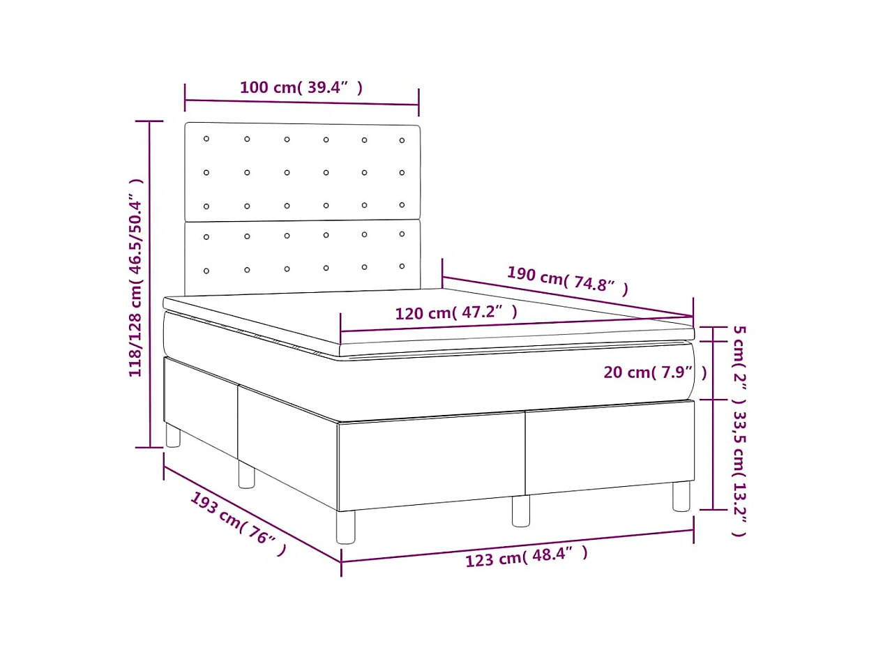 Sommier à lattes de lit matelas et LED bleu 120x190 cm tissu