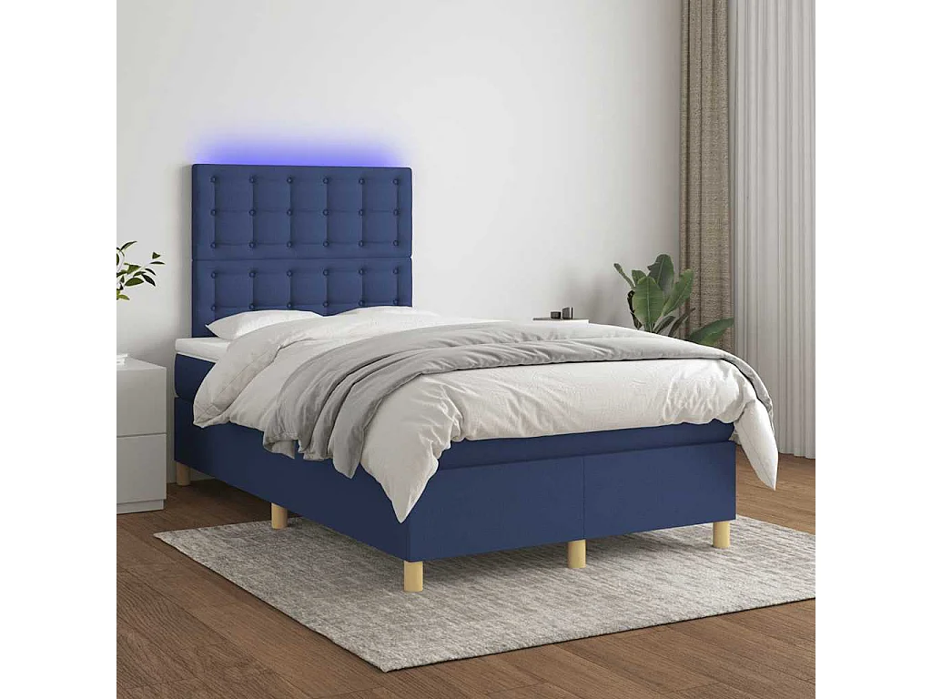 Sommier à lattes de lit matelas et LED bleu 120x190 cm tissu