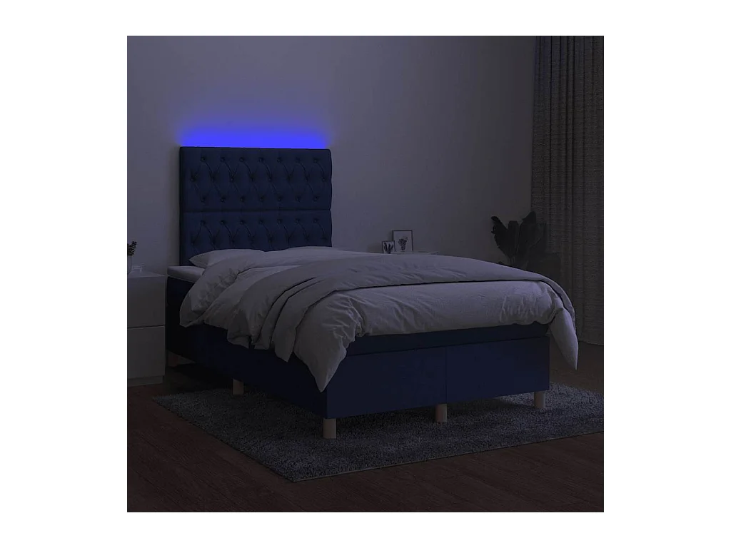 Cama box spring con colchón y luces LED tela azul 120x190 cm