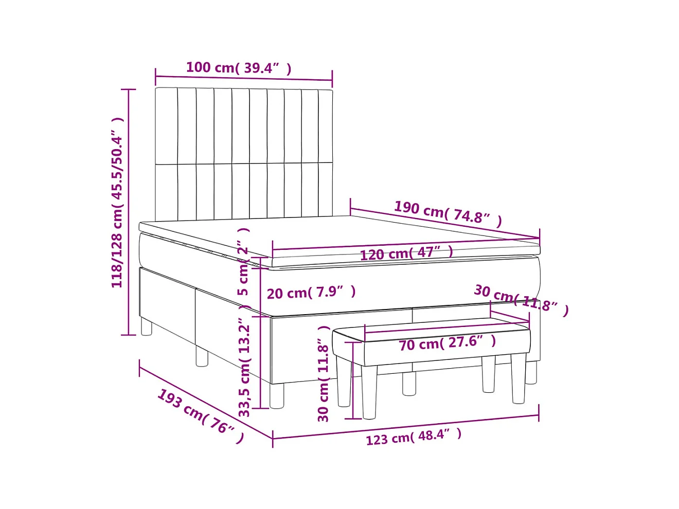 Sommier à lattes de lit et matelas bleu foncé 120x190cm velours
