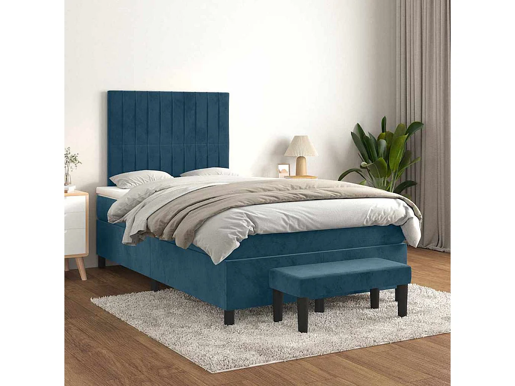 Sommier à lattes de lit et matelas bleu foncé 120x190cm velours