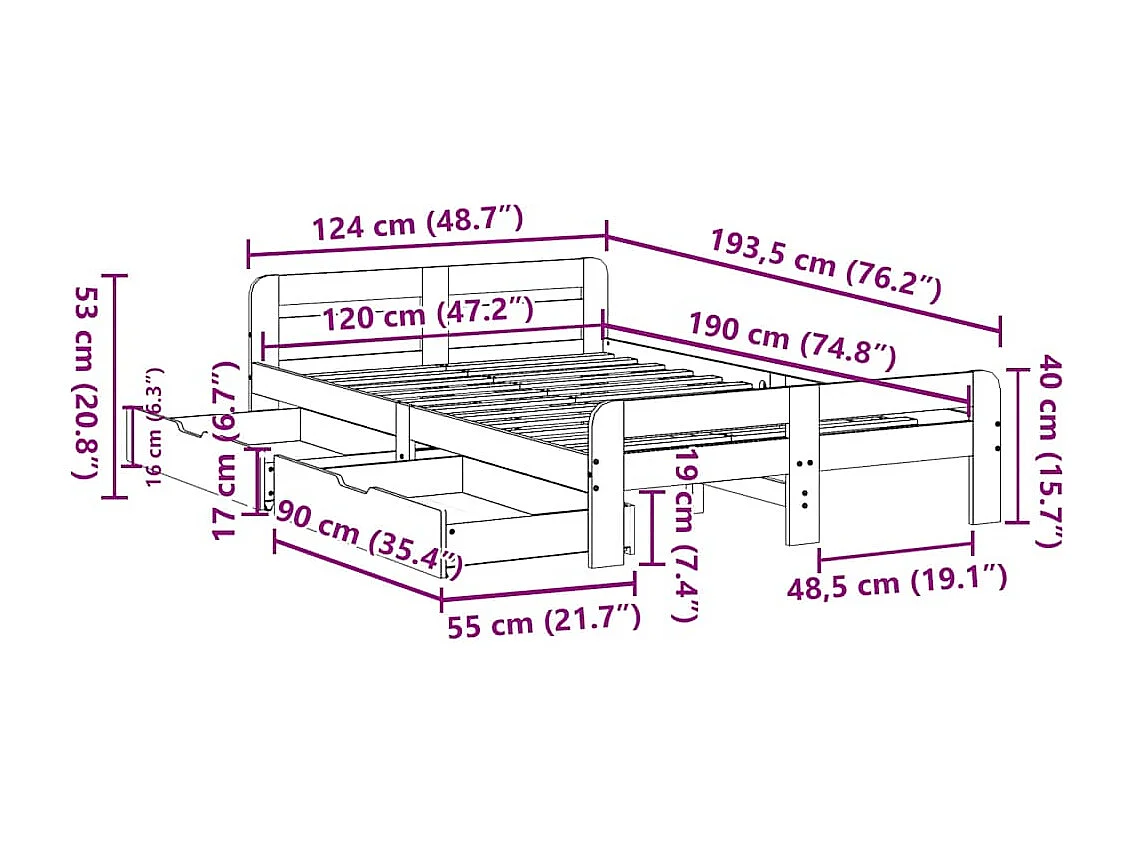 Estructura de cama sin colchón madera maciza de pino 120x190 cm