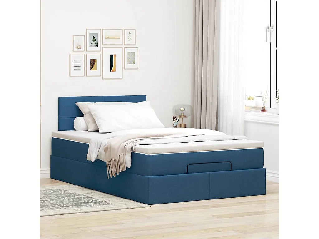 Pouf Letto con Materasso e LED Blu 120x200 cm in Tessuto