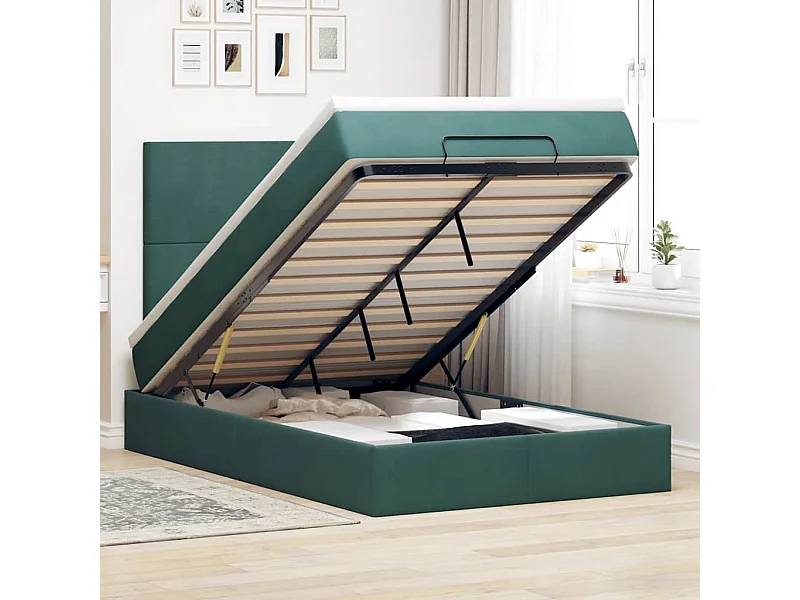 Cadre de lit ottoman avec matelas vert foncé 120x200 cm velours