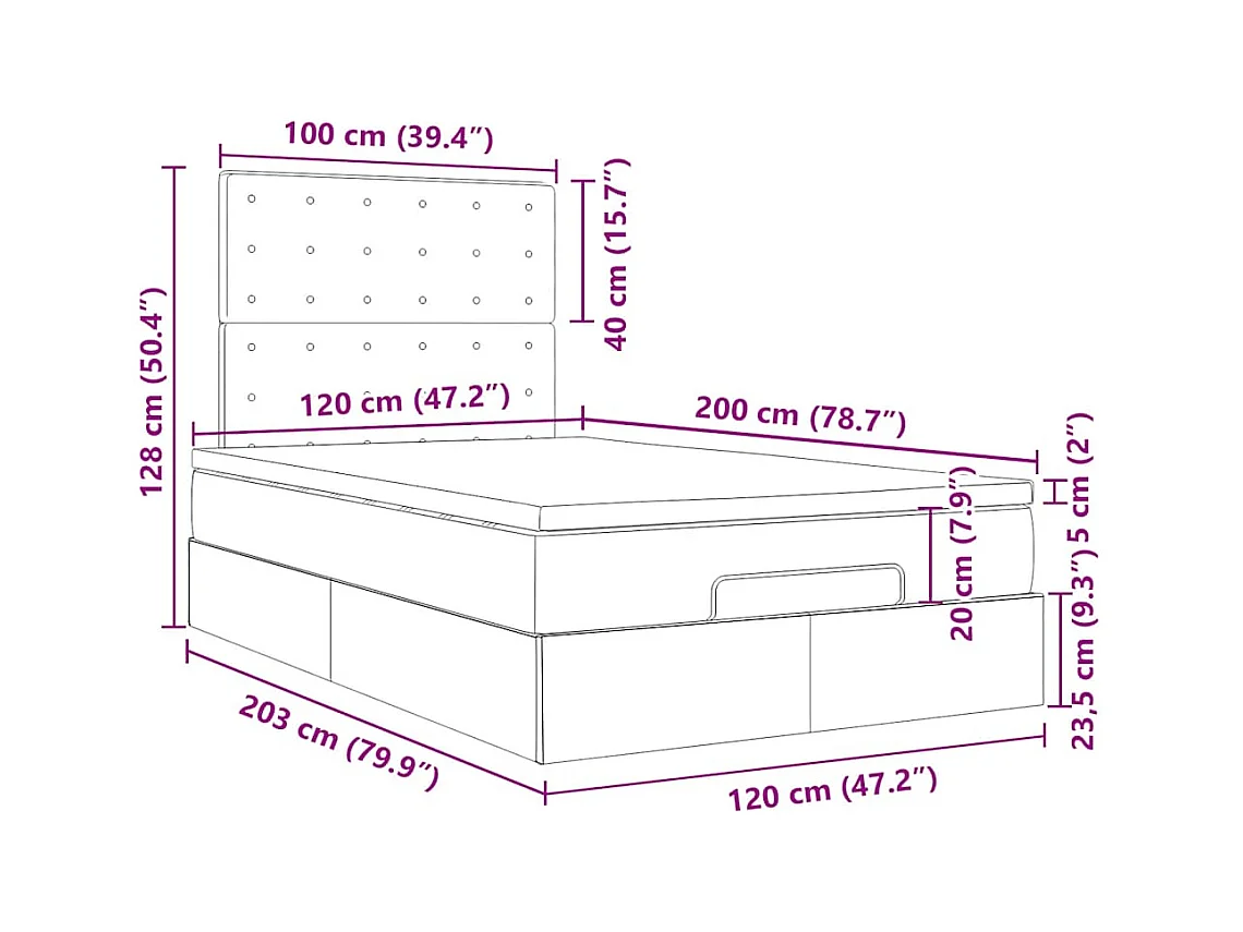 Estrutura de cama otomana com colchão 120x200 cm tecido azul