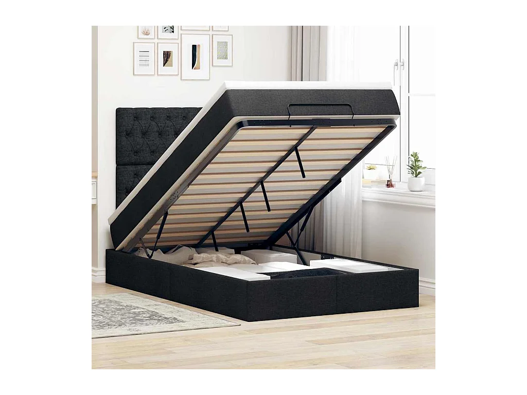 Ottoman-Bett mit Matratze & LEDs Schwarz 120x190 cm Stoff
