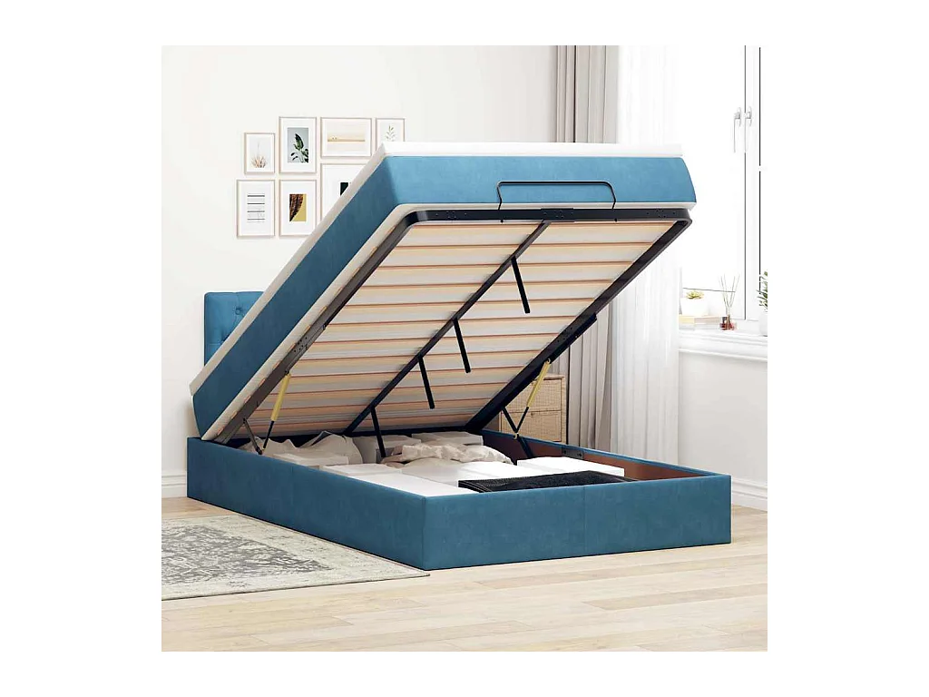 Lit ottoman avec matelas bleu foncé 120x190 cm velours