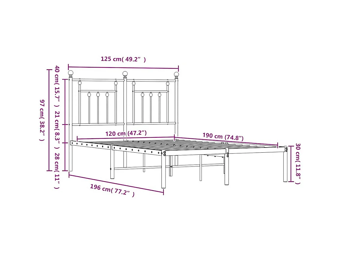 Cadre de lit métal sans matelas et tête de lit blanc 120x190 cm