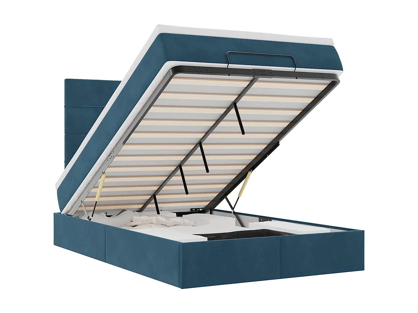 Estructura de cama otomana colchones terciopelo azul oscuro