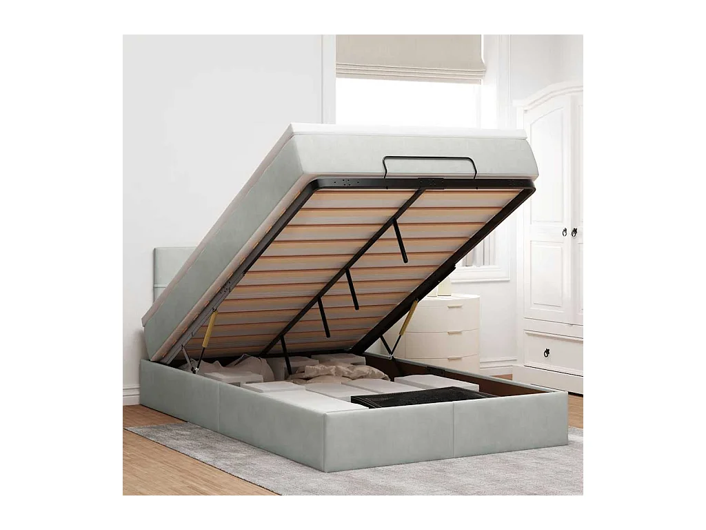 Ottoman-Bett mit Matratze & LEDs Hellgrau 120x200 cm Samt