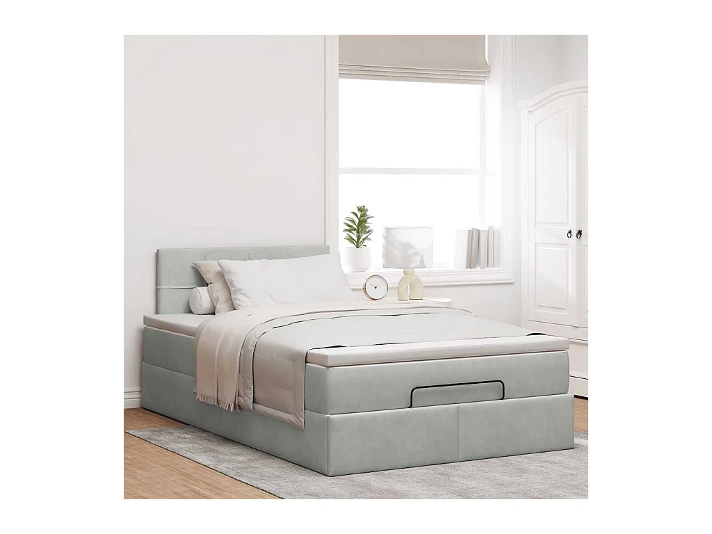 Ottoman-Bett mit Matratze & LEDs Hellgrau 120x200 cm Samt