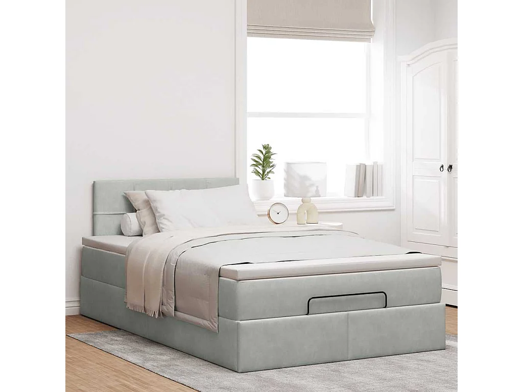 Estructura cama otomana colchón terciopelo gris claro 120x200cm