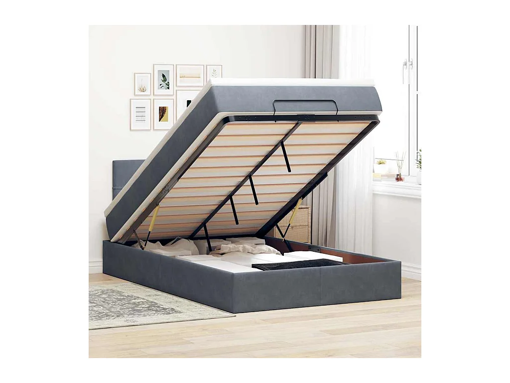 Lit ottoman avec matelas gris foncé 120x190 cm velours