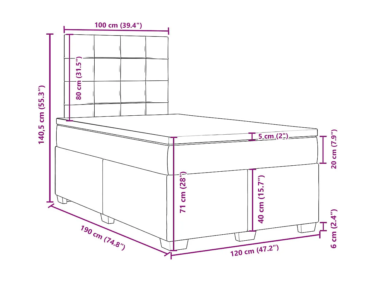 Cama box spring con colchón terciopelo gris claro 120x190 cm