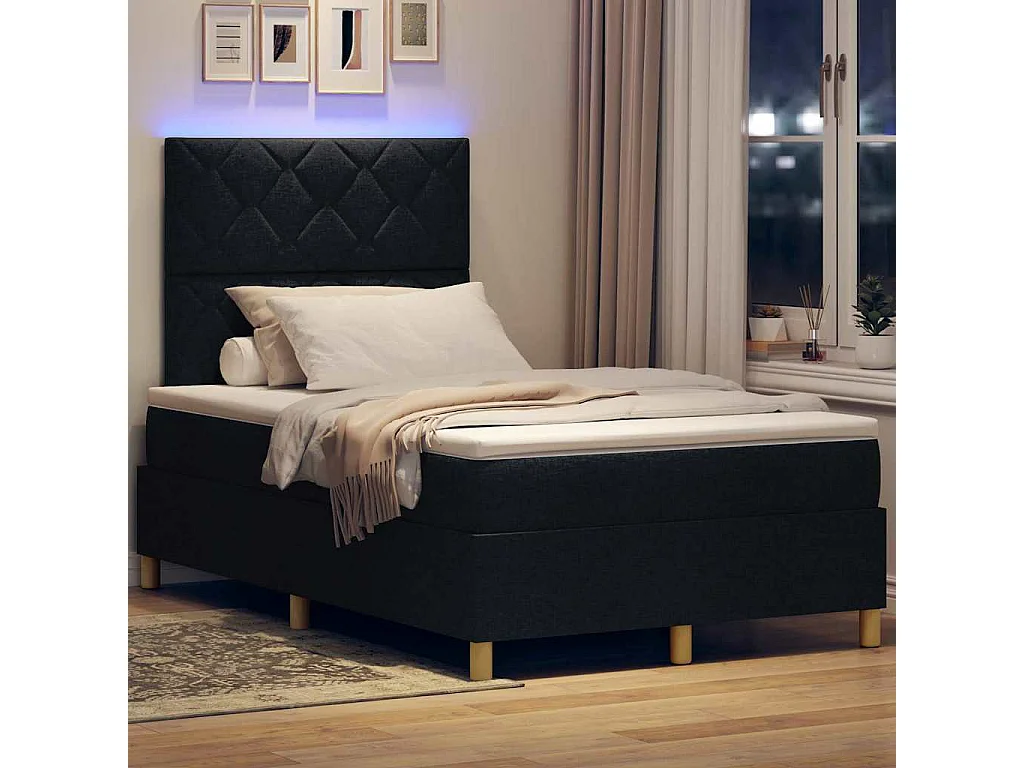 Lit à ressort LED avec tête de lit Noir 120 x 190 cm tissu