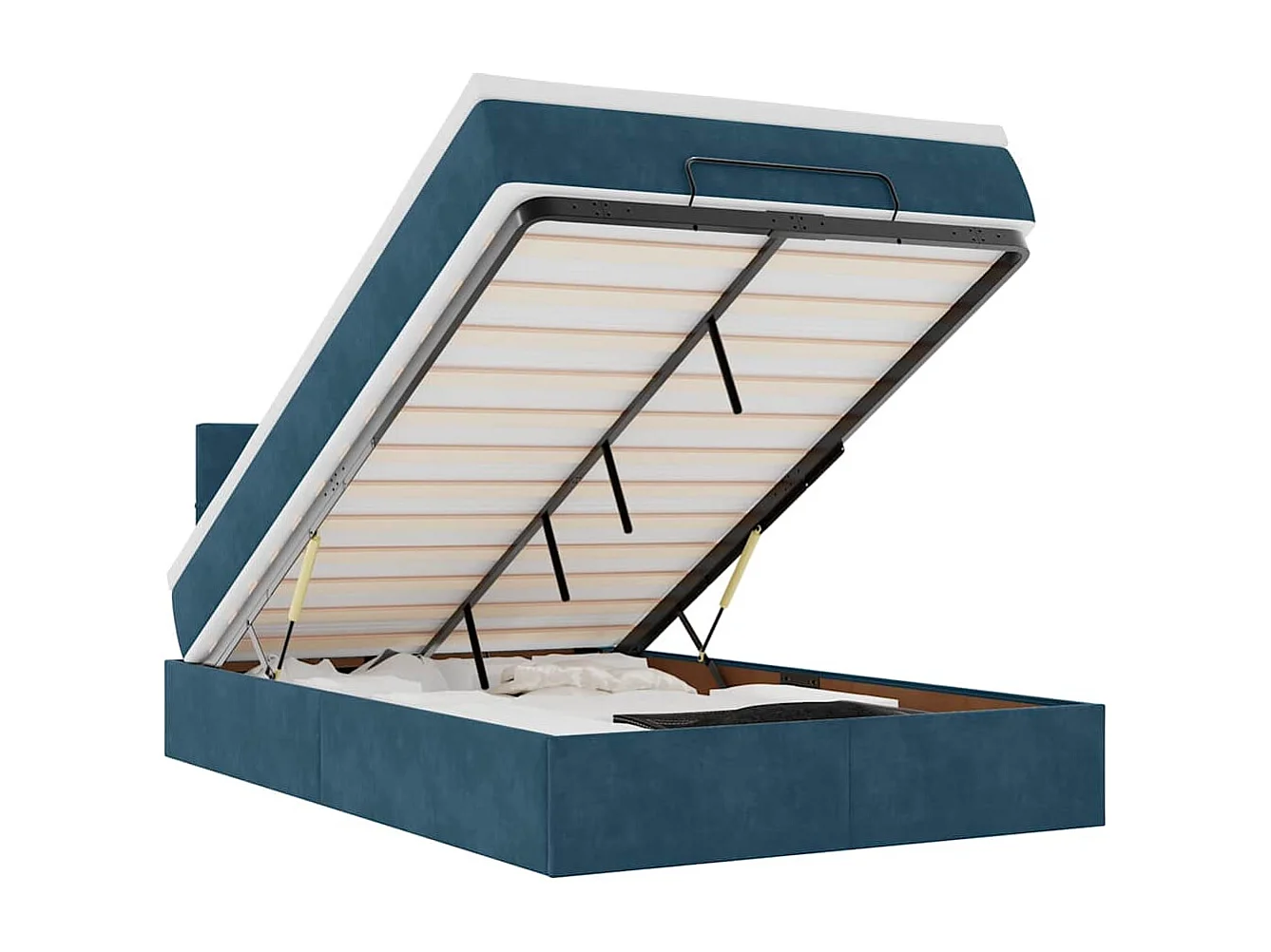 Estructura de cama otomana colchón terciopelo azul oscuro