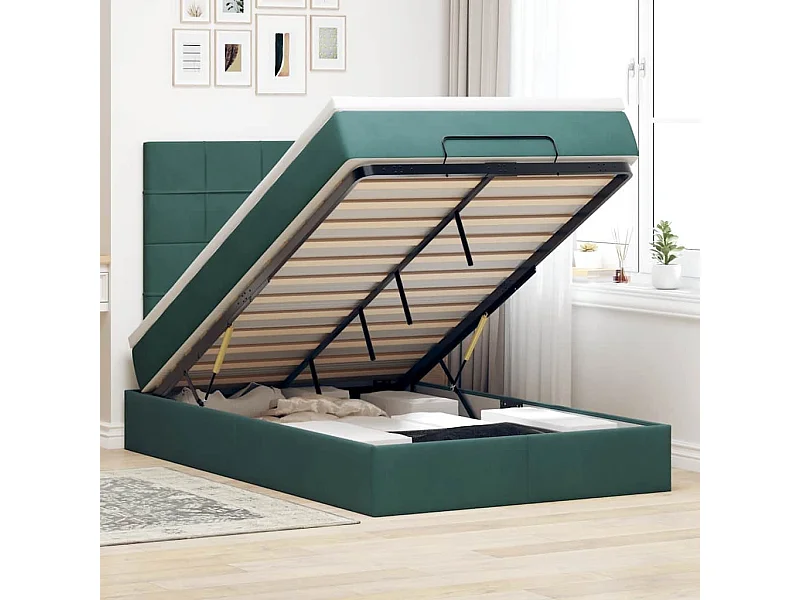Cadre de lit ottoman avec matelas vert foncé 120x200 cm velours