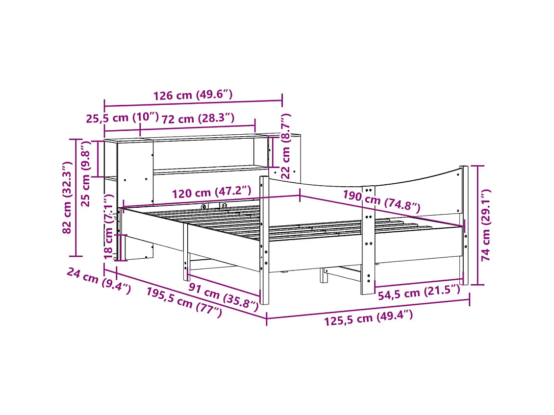 Cadre de lit sans matelas cire marron 120x190cm bois pin massif