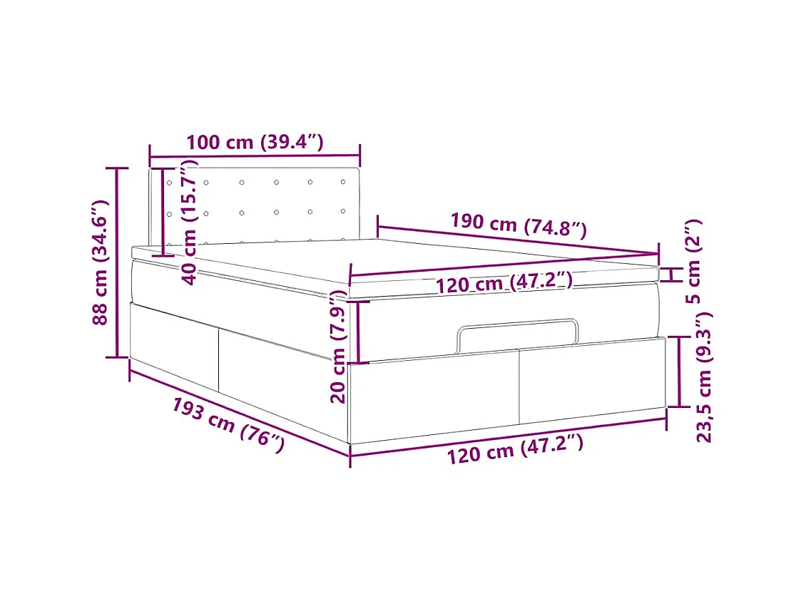 Lit ottoman avec matelas gris clair 120x190 cm tissu
